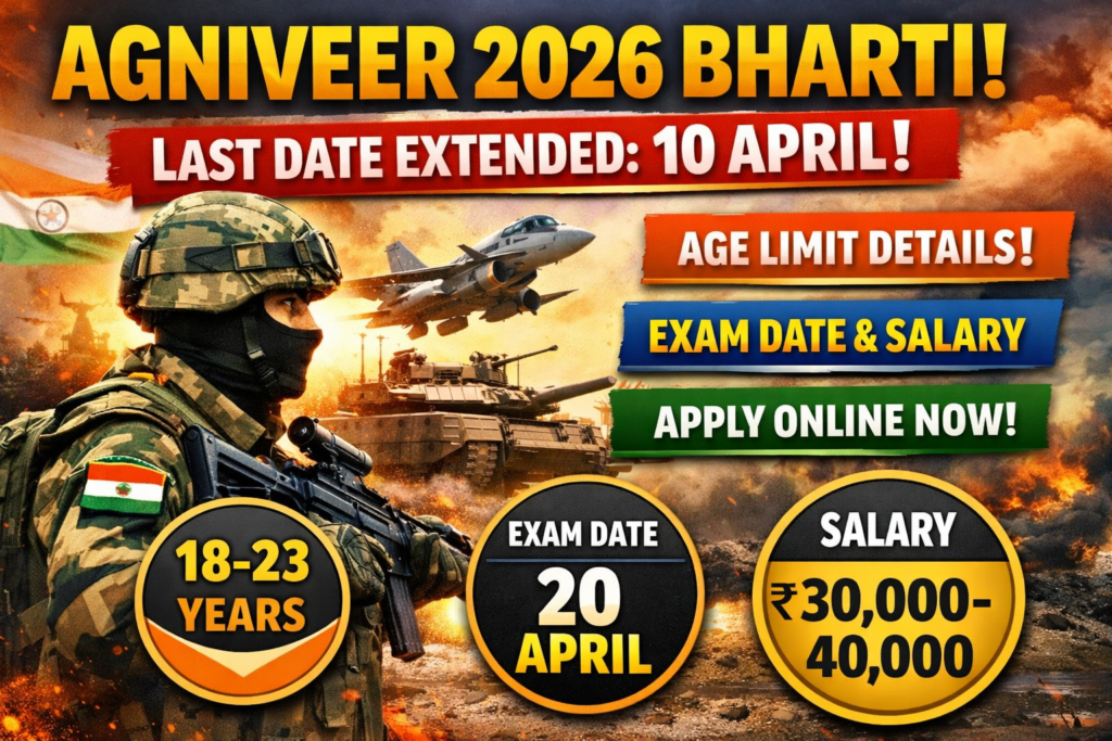 Agniveer 2026 Bharti: Last Date Extended to 10 April – Age Limit, Exam Date, Salary & Apply Online,