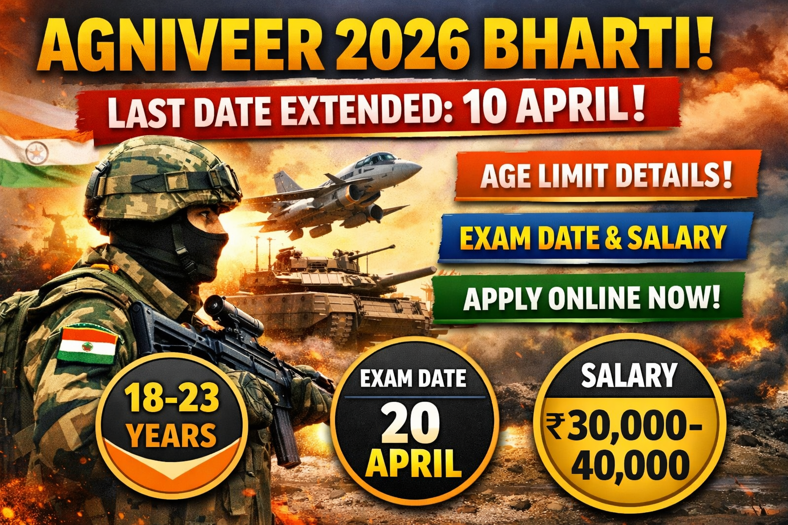 Agniveer 2026 Bharti: Last Date Extended to 10 April – Age Limit, Exam Date, Salary & Apply Online,